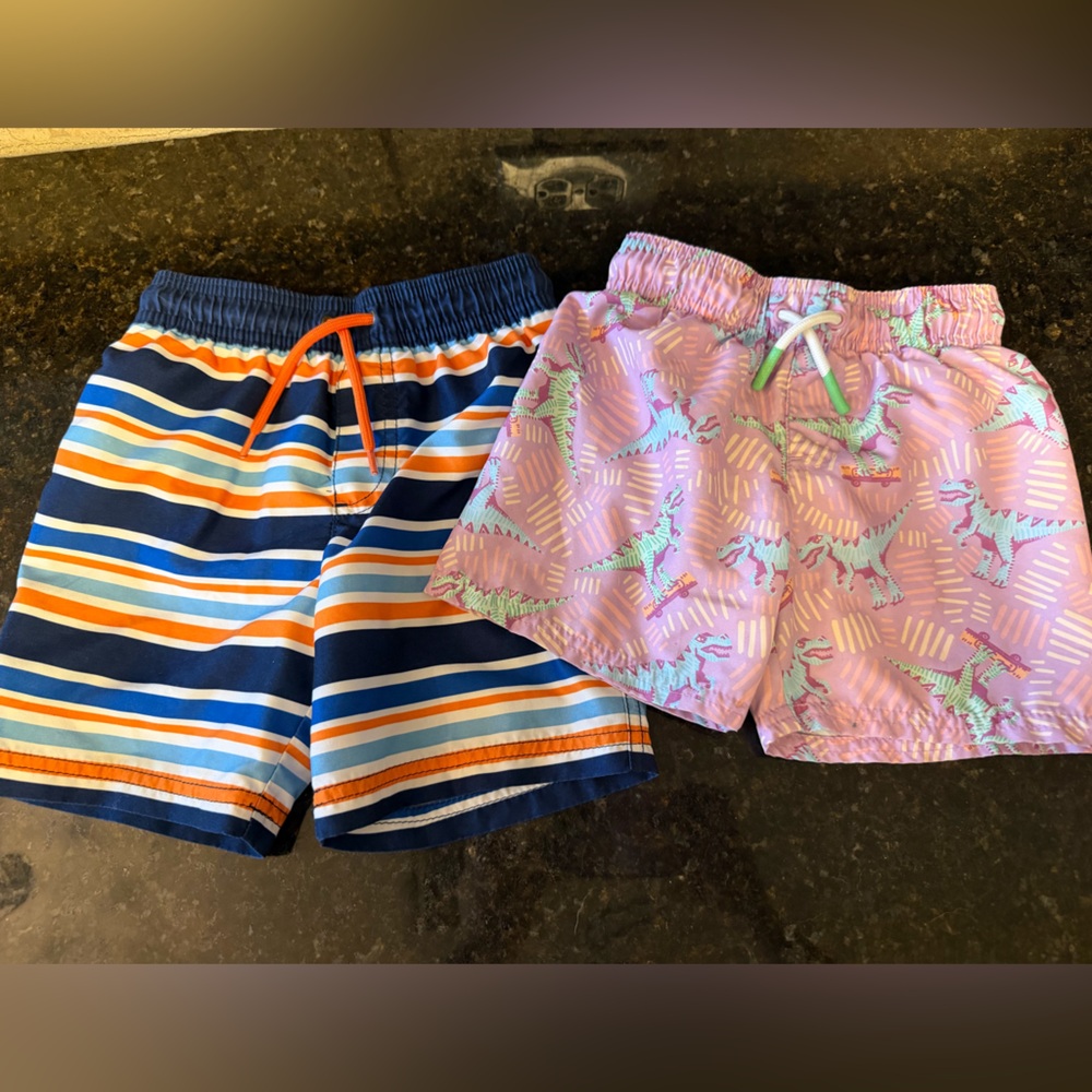 Cat & Jack Navy, Orange & White Striped + Pink Dino Swim Shorts 2-Pack